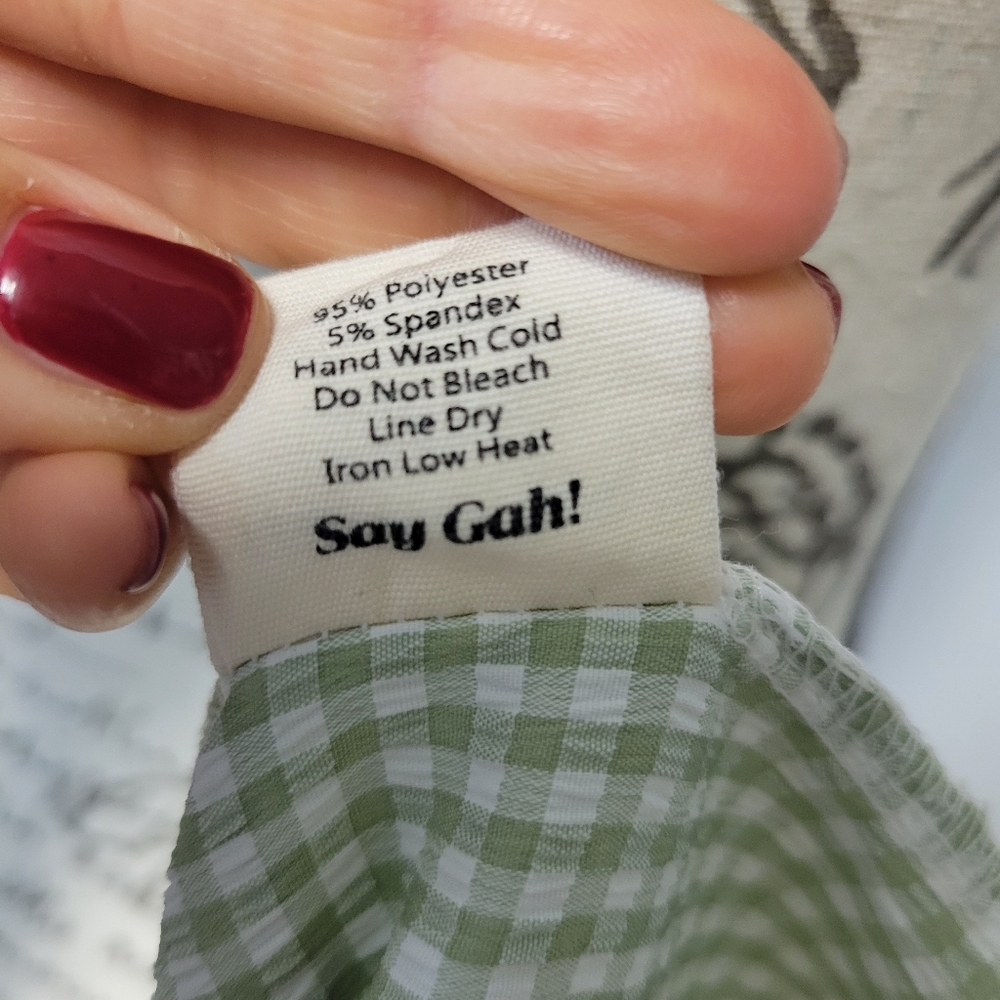 Lisa Says Gah Lily Green White Gingham Mini Dress with Puff Sleeves Babydoll XS - Picture 9 of 9